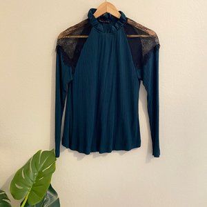 ZARA Turquoise Green Pleated High Neck Blouse